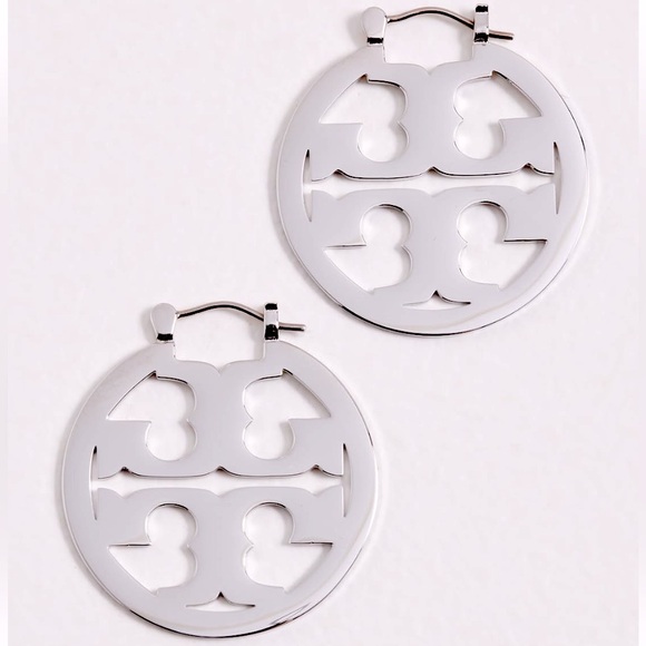 Tory Burch Large Silver Miller Logo Hoop Earrings - Picture 5 of 9